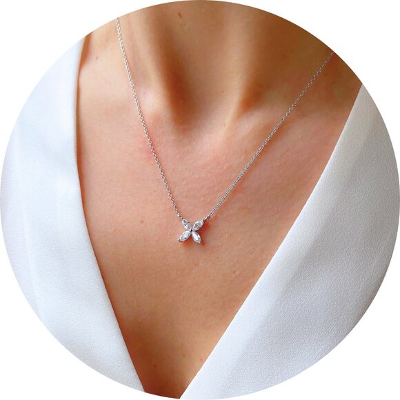 Dainty Flower Pendant Necklace for Women, 18K White Gold, Cubic Zirconia. - Picture 2 of 5